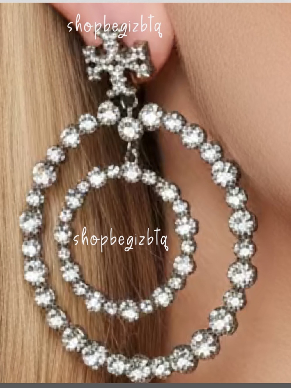 NWT Authentic Gunmetal Crystal Doorknocker Hoop Earrings